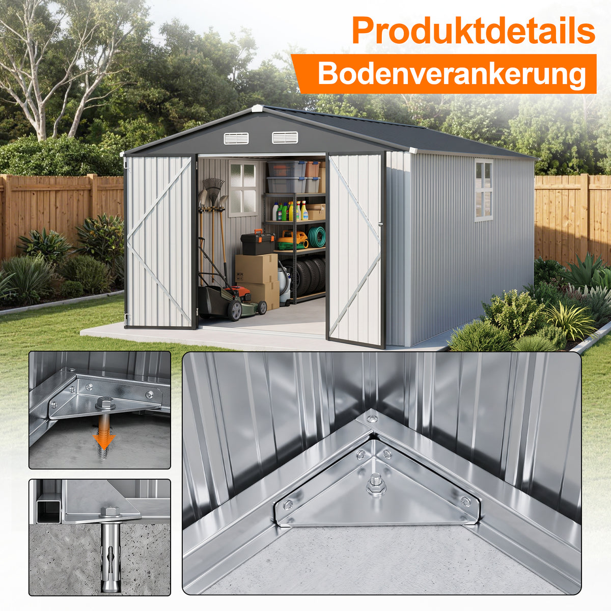 Patioslife YardVault Pro Gerätehaus Metall mit Fenster und abschließbarer Tür – aus verzinktem Stahl, rostgeschützt, extra stabil