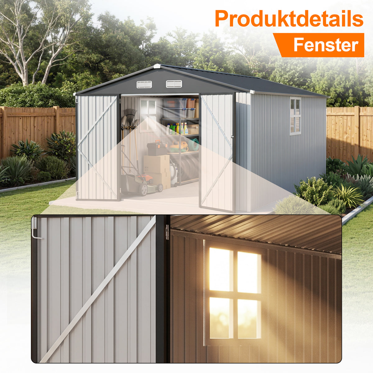 Patioslife YardVault Pro Gerätehaus Metall mit Fenster und abschließbarer Tür – aus verzinktem Stahl, rostgeschützt, extra stabil