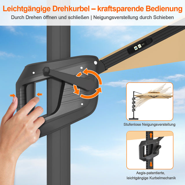 Patioslife Aegis Premium Ampelschirm mit integrierter LED-Beleuchtung, Fiberglasstreben, pulverbeschichtetem Aluminiumgestell und Schutzhülle