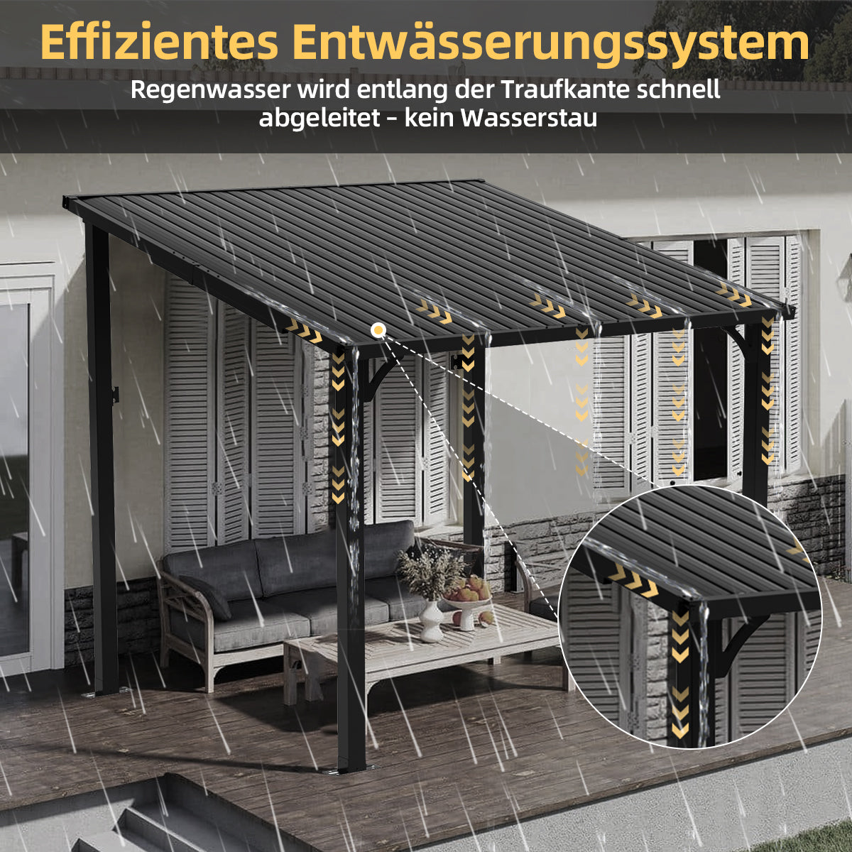 Patioslife Haven™ Hardtop-Pavillon aus Aluminium – wandmontiert mit festem Dach, für Garten und Terrasse
