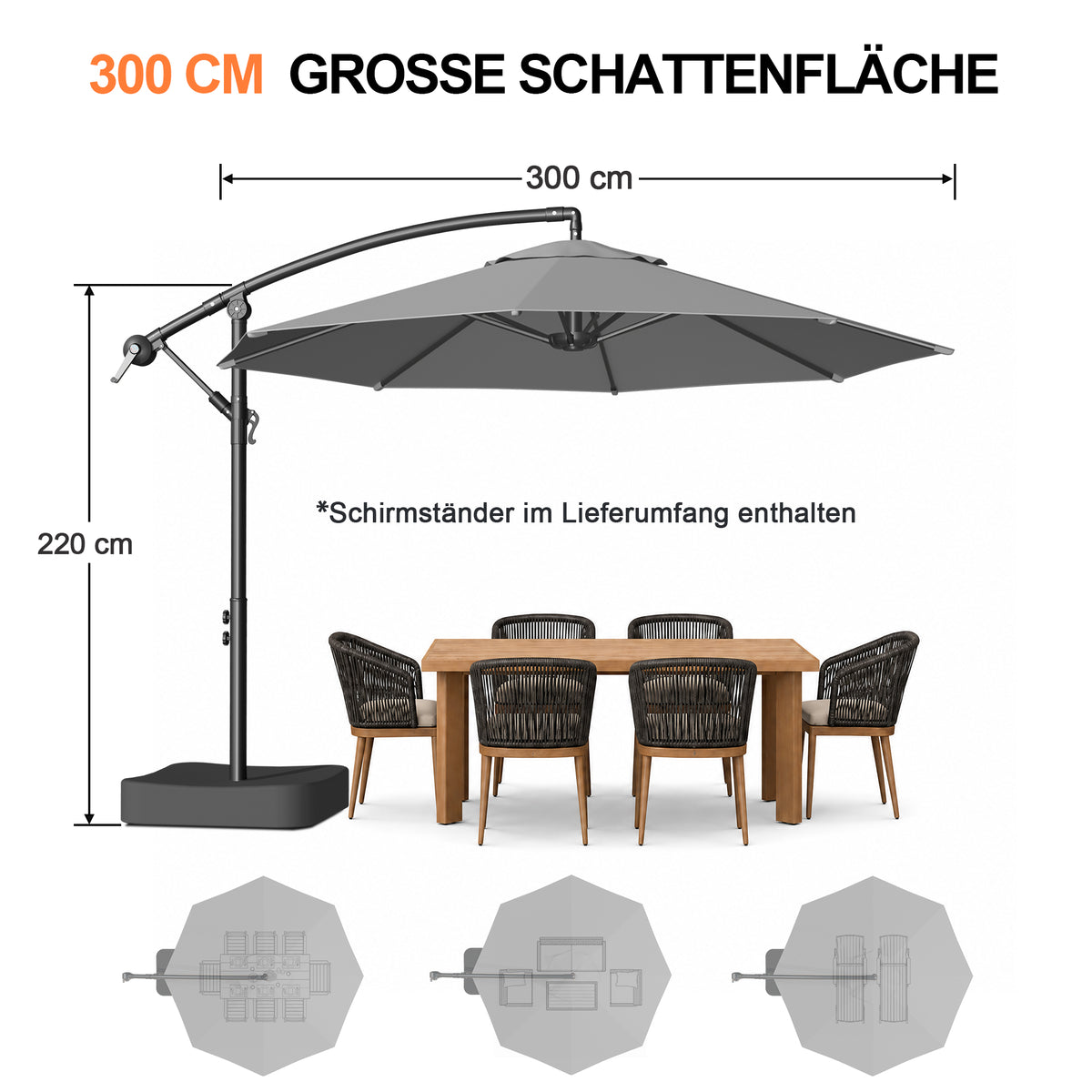 Patioslife Ampelschirm 3,0 m mit Standfuß – Stabiler Premium-Sonnenschirm für Terrasse, Garten & Lounge