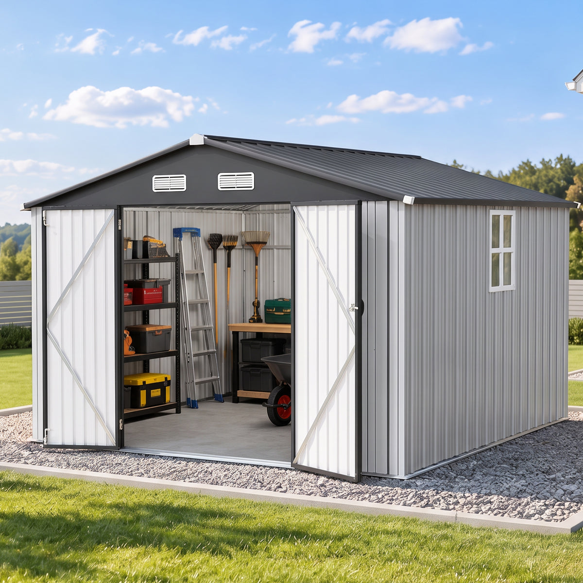 Patioslife YardVault Pro Gerätehaus Metall mit Fenster und abschließbarer Tür – aus verzinktem Stahl, rostgeschützt, extra stabil