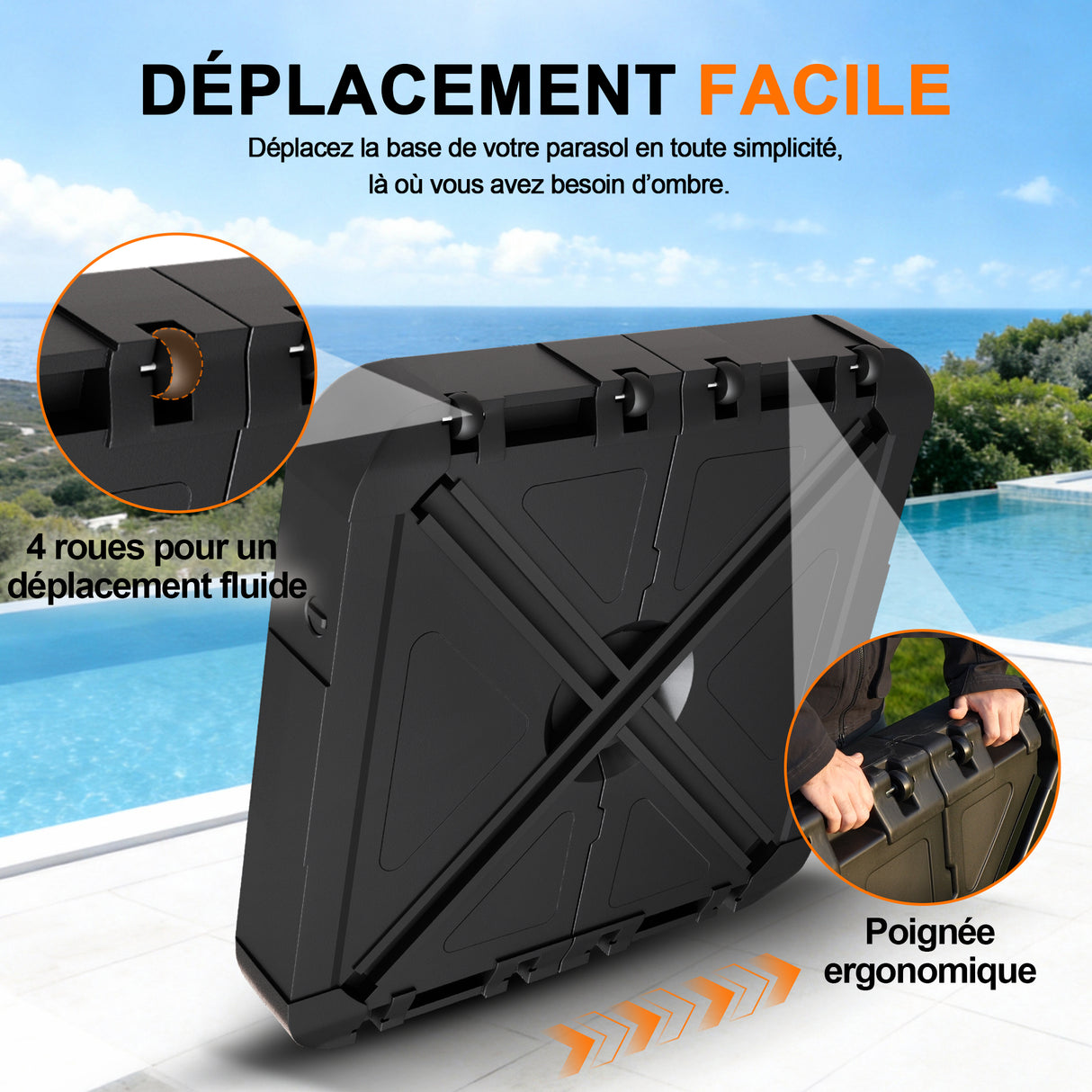 Befüllbarer HDPE-Sonnenschirmständer mit Rollen – Befüllgewicht 115–200 kg, geeignet für Garten, Terrasse und Poolbereich