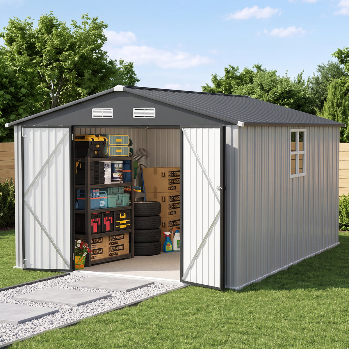 Patioslife YardVault Pro Gerätehaus Metall mit Fenster und abschließbarer Tür – aus verzinktem Stahl, rostgeschützt, extra stabil