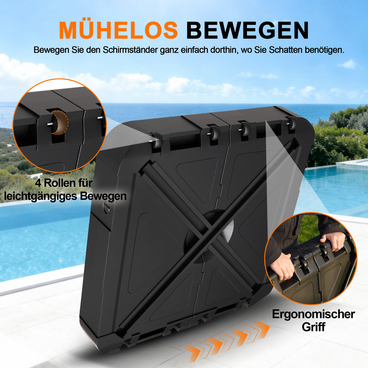Befüllbarer HDPE-Sonnenschirmständer mit Rollen – Befüllgewicht 115–200 kg, geeignet für Garten, Terrasse und Poolbereich