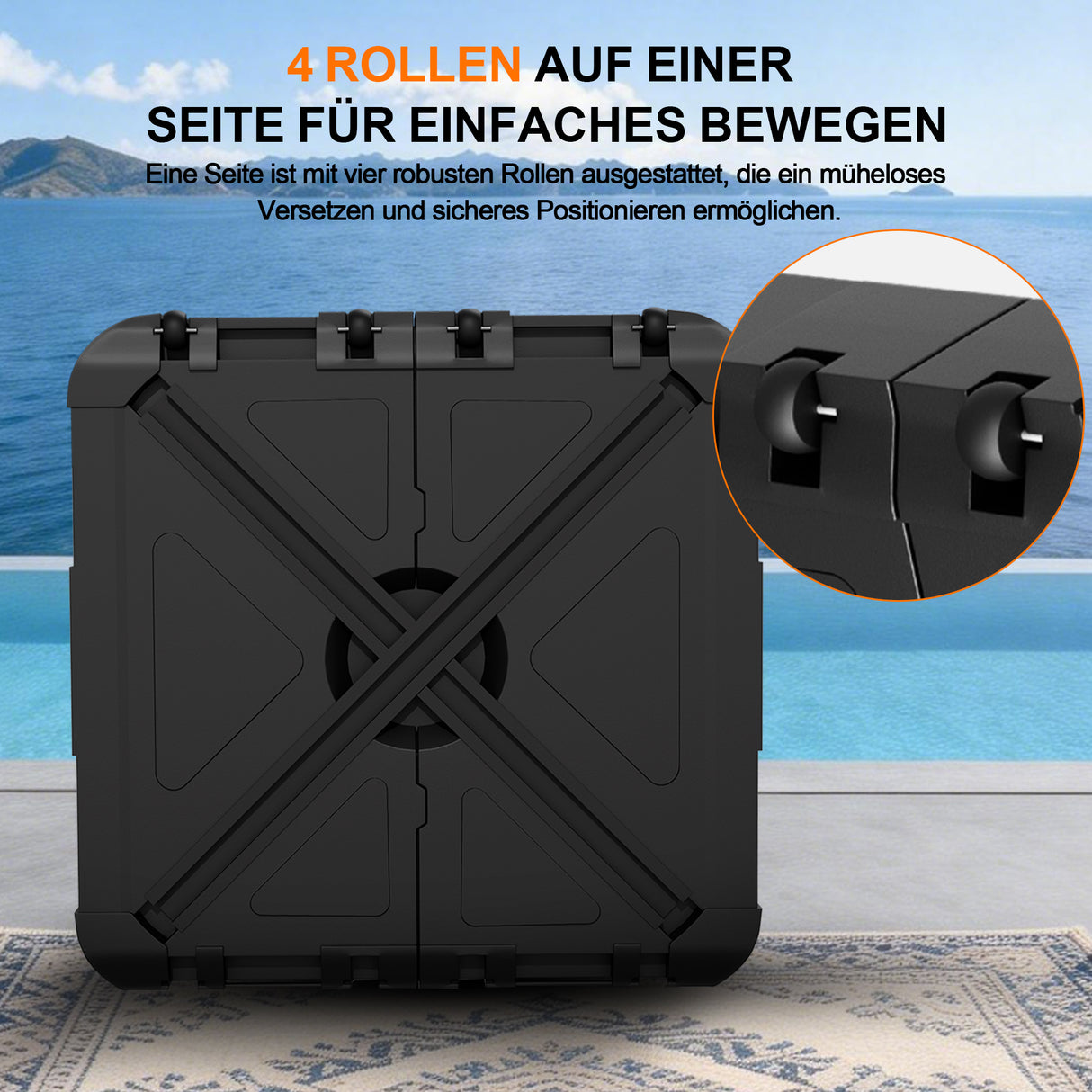 Befüllbarer HDPE-Sonnenschirmständer mit Rollen – Befüllgewicht 115–200 kg, geeignet für Garten, Terrasse und Poolbereich