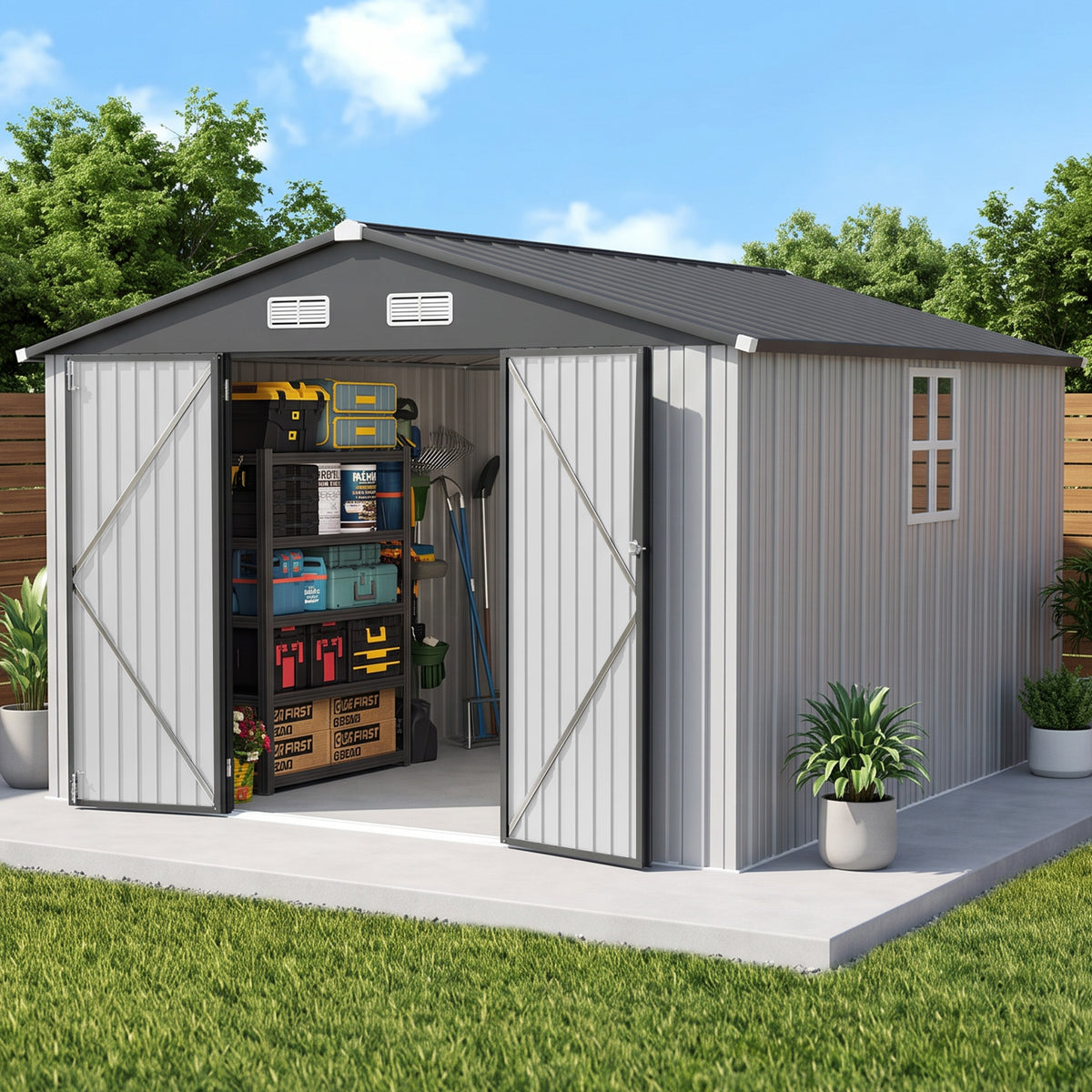 Patioslife YardVault Pro Gerätehaus Metall mit Fenster und abschließbarer Tür – aus verzinktem Stahl, rostgeschützt, extra stabil