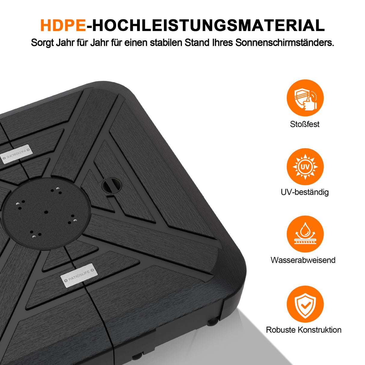 Befüllbarer HDPE-Sonnenschirmständer mit Rollen – Befüllgewicht 115–200 kg, geeignet für Garten, Terrasse und Poolbereich