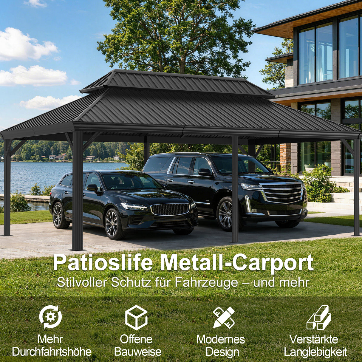 Patioslife Aluminium-Carport mit Stahldach – Wetterfester Fahrzeug-Unterstand für Auto, Motorrad & Wohnmobil
