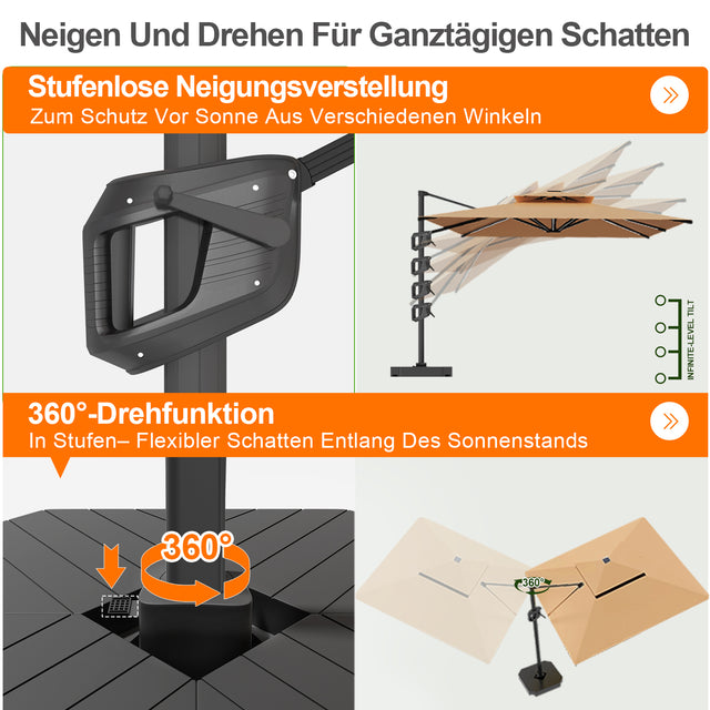 Patioslife Aegis Premium Ampelschirm mit integrierter LED-Beleuchtung, Fiberglasstreben, pulverbeschichtetem Aluminiumgestell und Schutzhülle