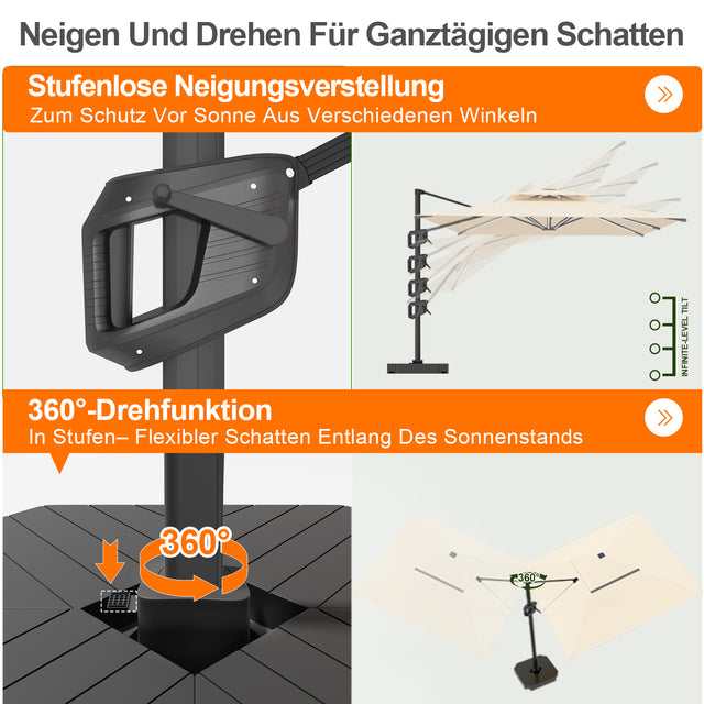 Patioslife Aegis Premium Ampelschirm mit integrierter LED-Beleuchtung, Fiberglasstreben, pulverbeschichtetem Aluminiumgestell und Schutzhülle