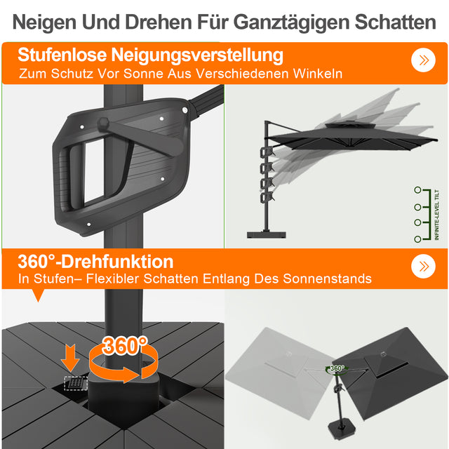 Patioslife Aegis Premium Ampelschirm mit integrierter LED-Beleuchtung, Fiberglasstreben, pulverbeschichtetem Aluminiumgestell und Schutzhülle