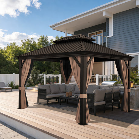 Patioslife Luxury Haven Hardtop-Pavillon aus Aluminium – 12x12 cm starke Pfosten, integrierte Entwässerung & doppelt belüftetes Dach mit Vorhängen