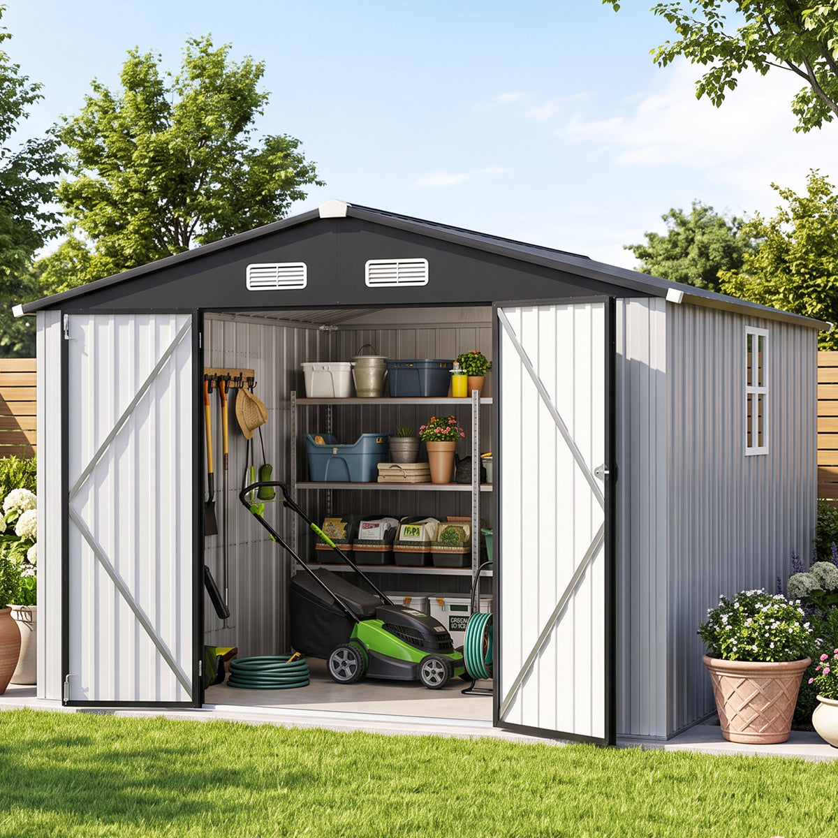 Patioslife YardVault Pro Gerätehaus Metall mit Fenster und abschließbarer Tür – aus verzinktem Stahl, rostgeschützt, extra stabil