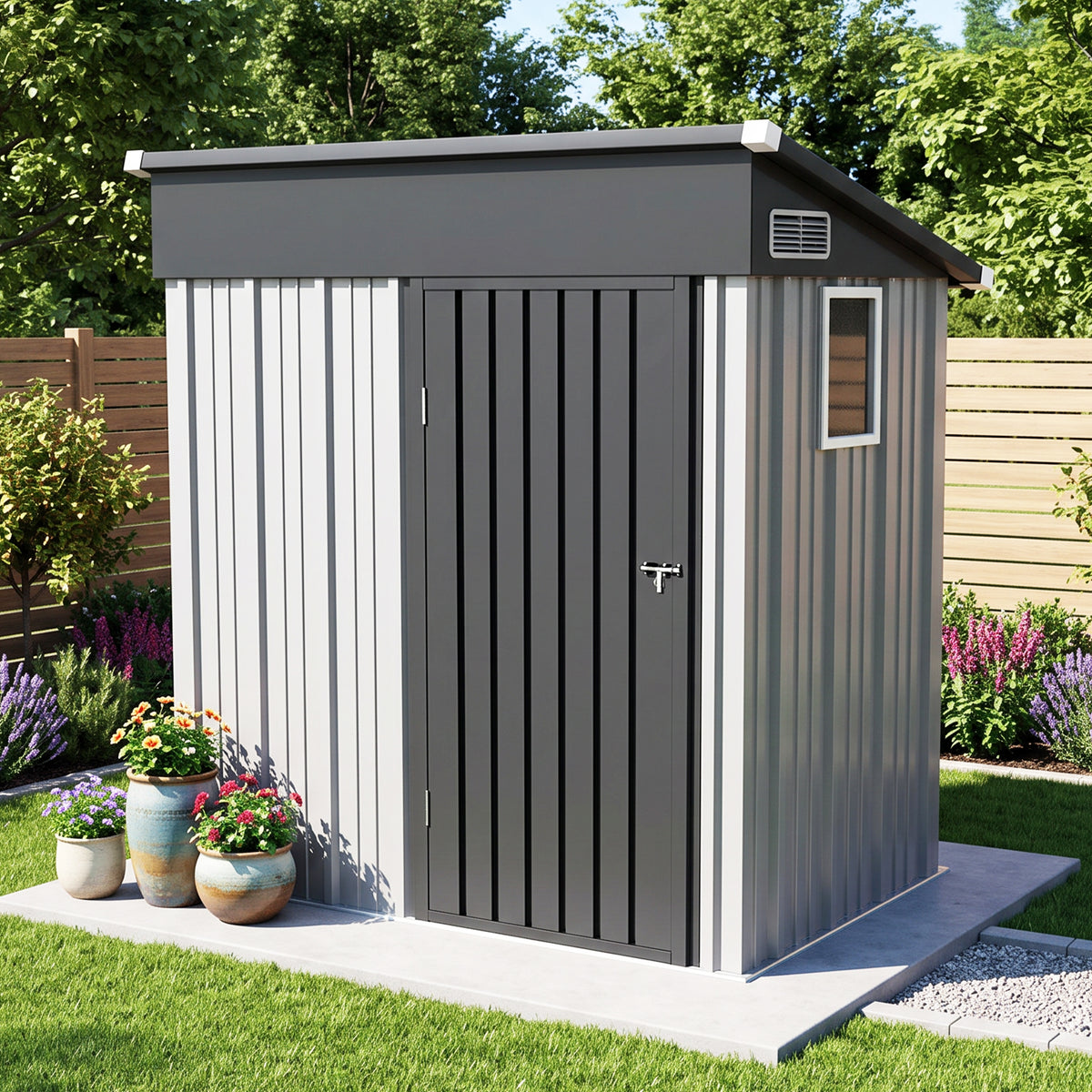 Patioslife YardVault Pro Gerätehaus Metall mit Fenster und abschließbarer Tür – aus verzinktem Stahl, rostgeschützt, extra stabil