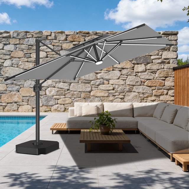 Patioslife Aegis Premium Ampelschirm mit integrierter LED-Beleuchtung, Fiberglasstreben, pulverbeschichtetem Aluminiumgestell und Schutzhülle