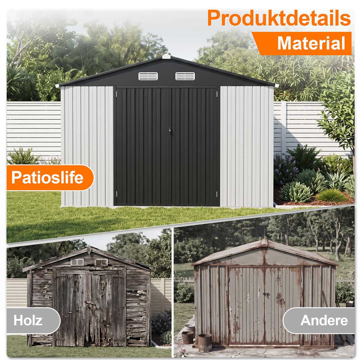 Patioslife YardVault Pro Gerätehaus Metall mit Fenster und abschließbarer Tür – aus verzinktem Stahl, rostgeschützt, extra stabil