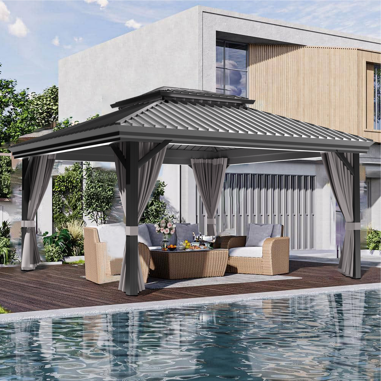 Patioslife Luxury Haven Hardtop-Pavillon aus Aluminium – 12x12 cm starke Pfosten, integrierte Entwässerung & doppelt belüftetes Dach mit Vorhängen