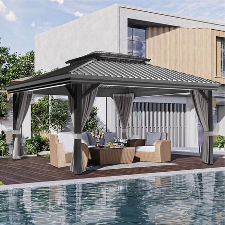 Patioslife Luxury Haven Hardtop-Pavillon aus Aluminium – 12x12 cm starke Pfosten, integrierte Entwässerung & doppelt belüftetes Dach mit Vorhängen