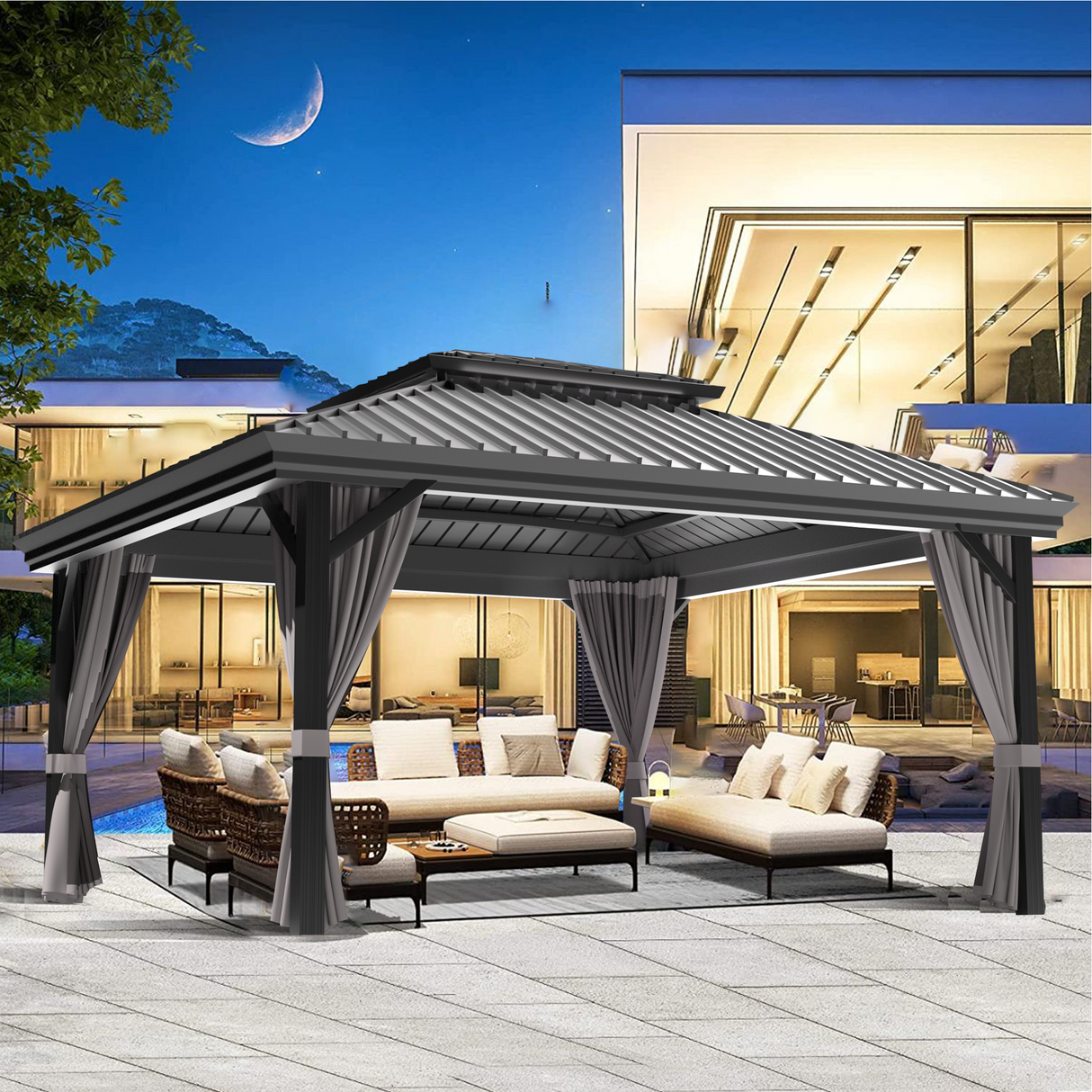 Patioslife Luxury Haven Hardtop-Pavillon aus Aluminium – 12x12 cm starke Pfosten, integrierte Entwässerung & doppelt belüftetes Dach mit Vorhängen