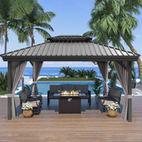 Patioslife Luxury Haven Hardtop-Pavillon aus Aluminium – 12x12 cm starke Pfosten, integrierte Entwässerung & doppelt belüftetes Dach mit Vorhängen