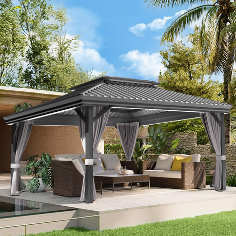Patioslife Luxury Haven Hardtop-Pavillon aus Aluminium – 12x12 cm starke Pfosten, integrierte Entwässerung & doppelt belüftetes Dach mit Vorhängen