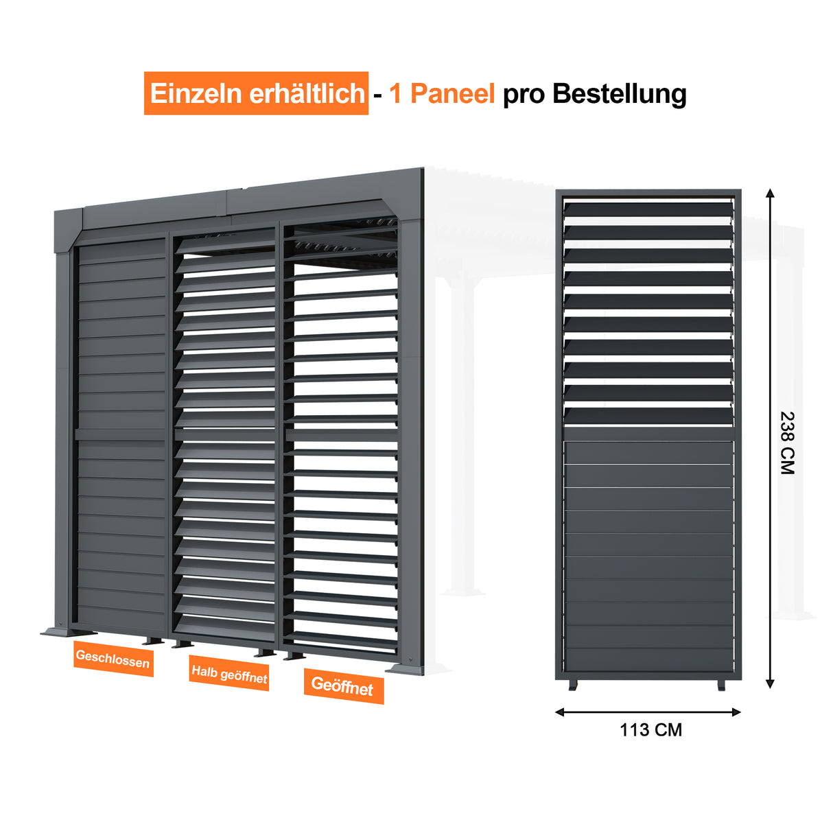 Patioslife Atlantic Series Pergola-Seitenwand aus Aluminium mit verstellbaren Lamellen – Sicht-, Sonnen- und Windschutz