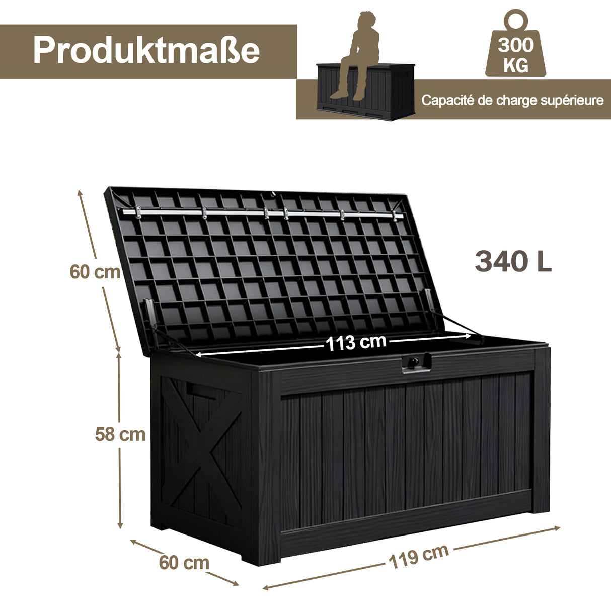 Kunstharz-Aufbewahrungsbox – groß, wetterfest, UV-beständig und abschließbar, für Polster, Gartengeräte und Poolzubehör