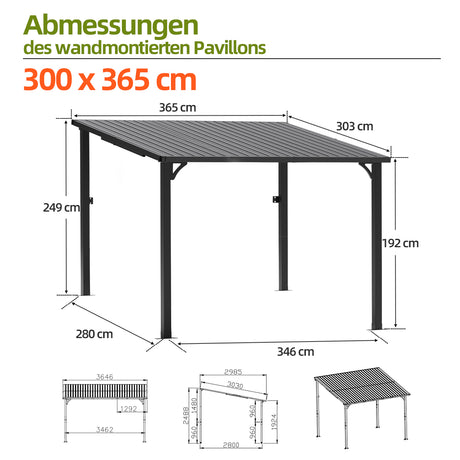 Patioslife Haven™ Hardtop-Pavillon aus Aluminium – wandmontiert mit festem Dach, für Garten und Terrasse