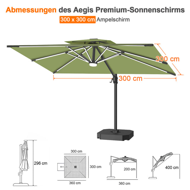 Patioslife Aegis Premium Ampelschirm mit integrierter LED-Beleuchtung, Fiberglasstreben, pulverbeschichtetem Aluminiumgestell und Schutzhülle