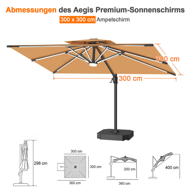 Patioslife Aegis Premium Ampelschirm mit integrierter LED-Beleuchtung, Fiberglasstreben, pulverbeschichtetem Aluminiumgestell und Schutzhülle