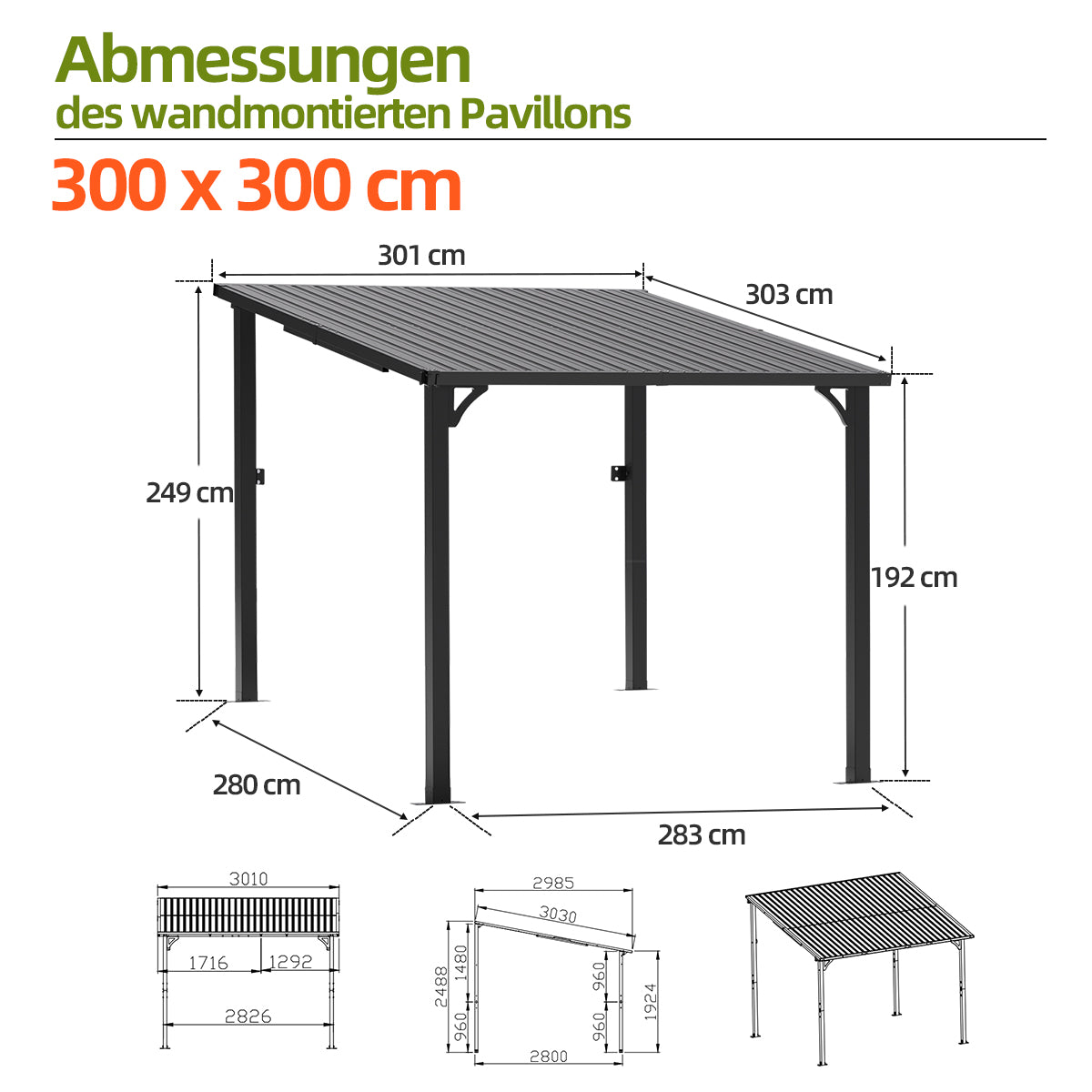 Patioslife Haven™ Hardtop-Pavillon aus Aluminium – wandmontiert mit festem Dach, für Garten und Terrasse