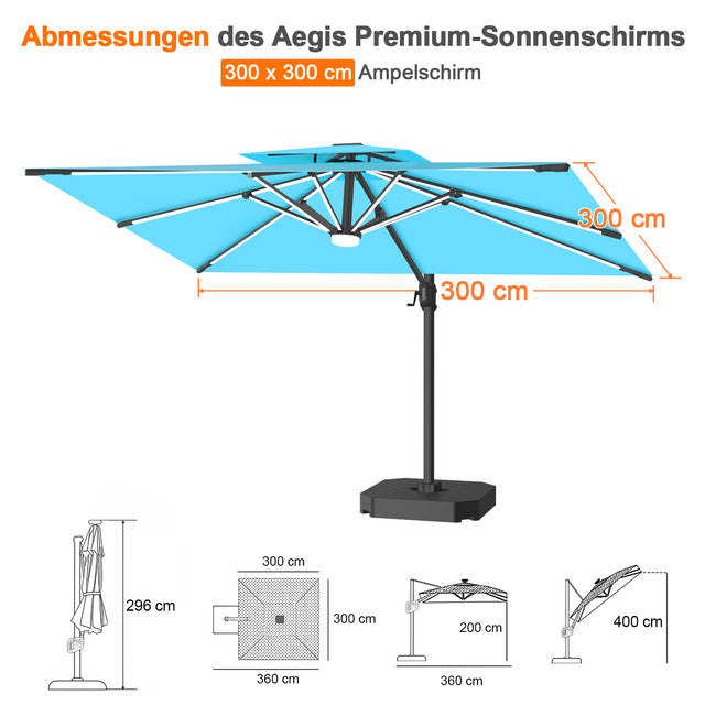 Patioslife Aegis Premium Ampelschirm mit integrierter LED-Beleuchtung, Fiberglasstreben, pulverbeschichtetem Aluminiumgestell und Schutzhülle