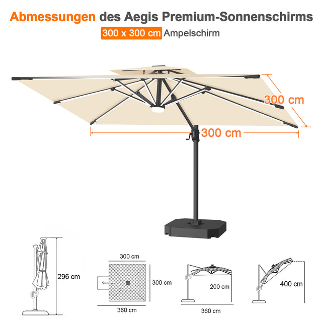 Patioslife Aegis Premium Ampelschirm mit integrierter LED-Beleuchtung, Fiberglasstreben, pulverbeschichtetem Aluminiumgestell und Schutzhülle
