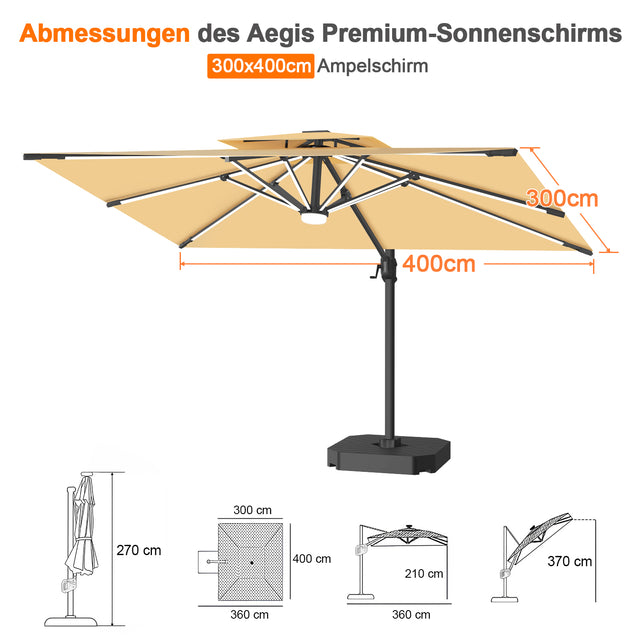 Patioslife Aegis Premium Ampelschirm mit integrierter LED-Beleuchtung, Fiberglasstreben, pulverbeschichtetem Aluminiumgestell und Schutzhülle