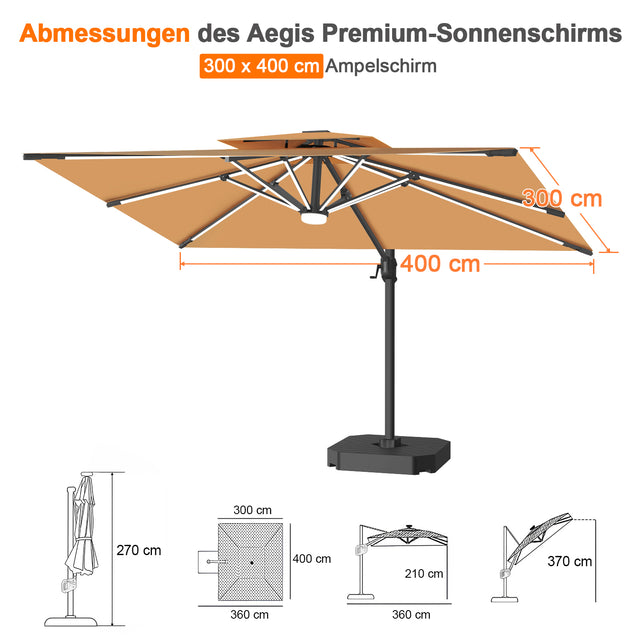 Patioslife Aegis Premium Ampelschirm mit integrierter LED-Beleuchtung, Fiberglasstreben, pulverbeschichtetem Aluminiumgestell und Schutzhülle
