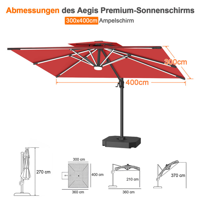 Patioslife Aegis Premium Ampelschirm mit integrierter LED-Beleuchtung, Fiberglasstreben, pulverbeschichtetem Aluminiumgestell und Schutzhülle
