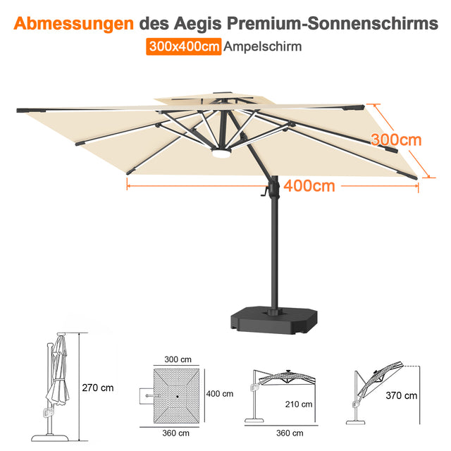 Patioslife Aegis Premium Ampelschirm mit integrierter LED-Beleuchtung, Fiberglasstreben, pulverbeschichtetem Aluminiumgestell und Schutzhülle