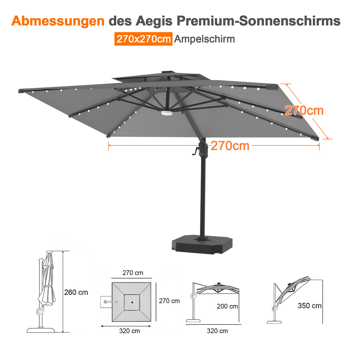 Patioslife Aegis Pro Ampelschirm mit LED-Beleuchtung – verstärkte, pulverbeschichtete Aluminiumkonstruktion für Garten und Terrasse