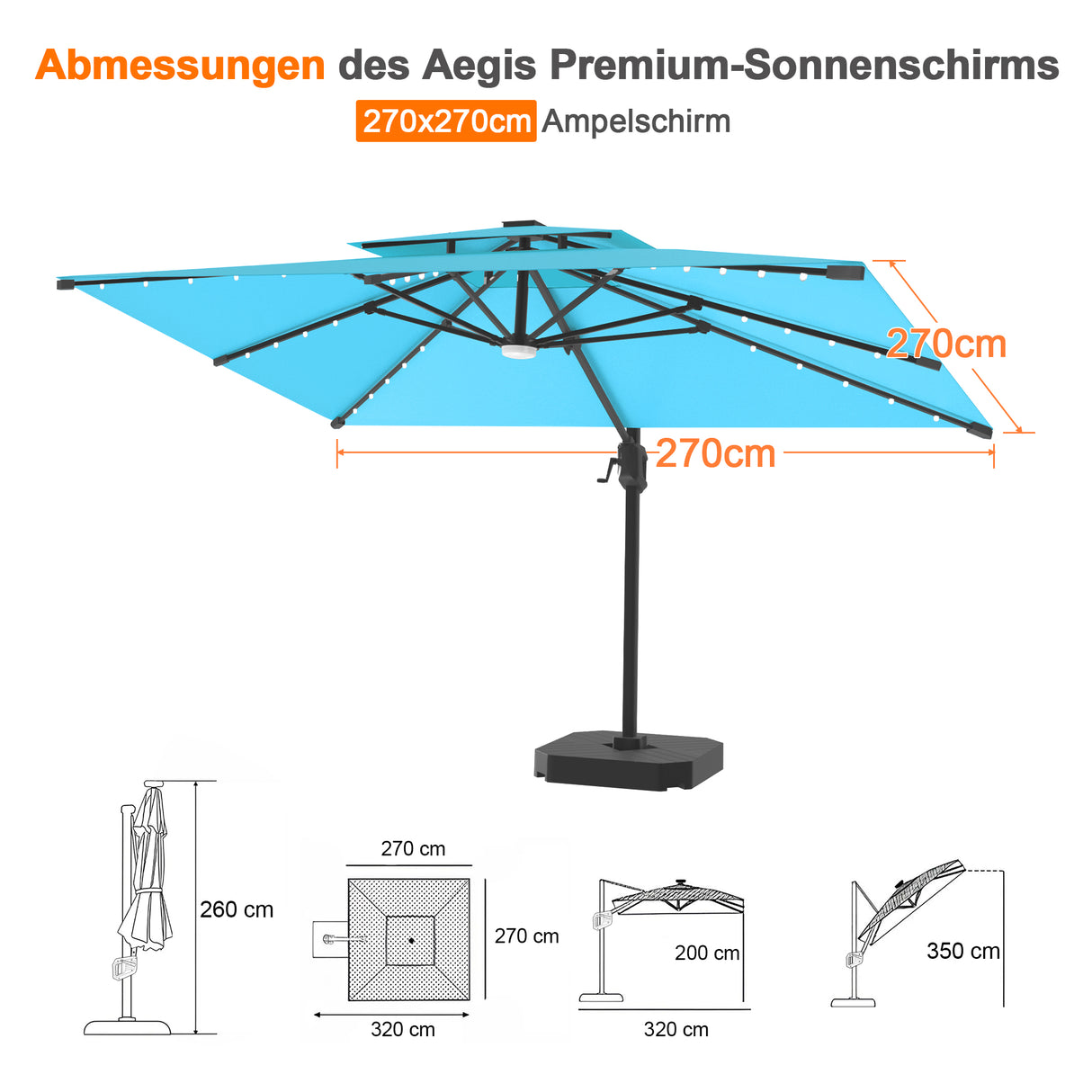 Patioslife Aegis Pro Ampelschirm mit LED-Beleuchtung – verstärkte, pulverbeschichtete Aluminiumkonstruktion für Garten und Terrasse