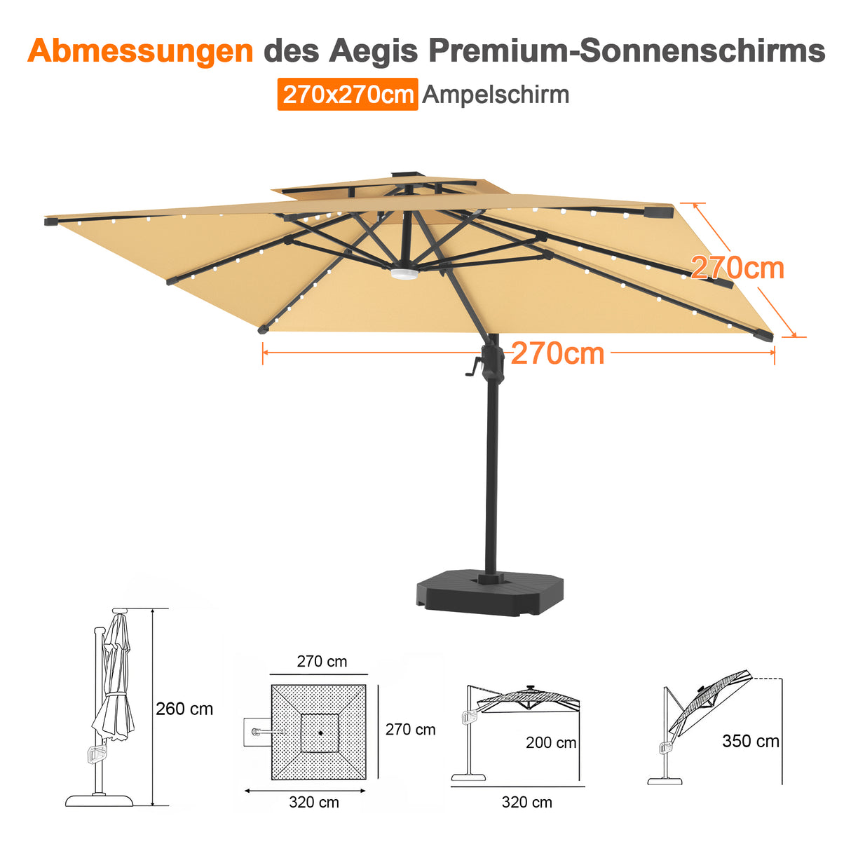 Patioslife Aegis Pro Ampelschirm mit LED-Beleuchtung – verstärkte, pulverbeschichtete Aluminiumkonstruktion für Garten und Terrasse