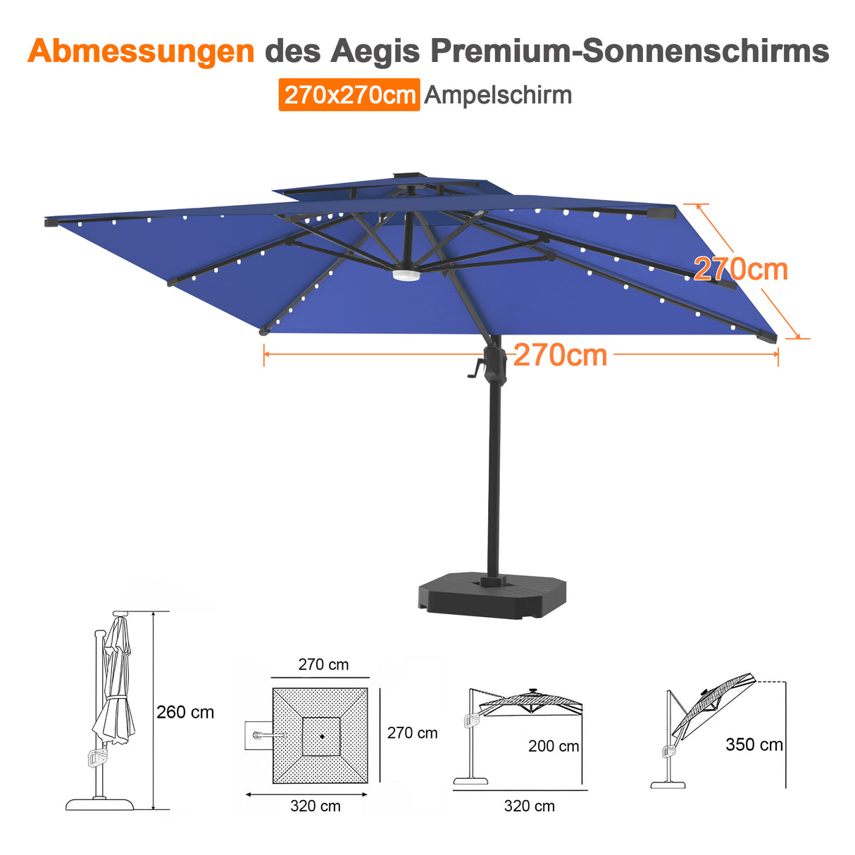 Patioslife Aegis Pro Ampelschirm mit LED-Beleuchtung – verstärkte, pulverbeschichtete Aluminiumkonstruktion für Garten und Terrasse