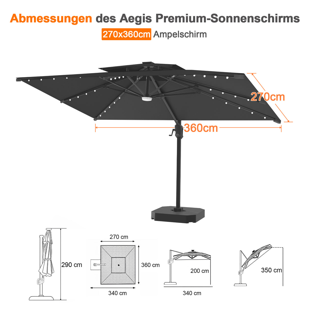 Patioslife Aegis Pro Ampelschirm mit LED-Beleuchtung – verstärkte, pulverbeschichtete Aluminiumkonstruktion für Garten und Terrasse