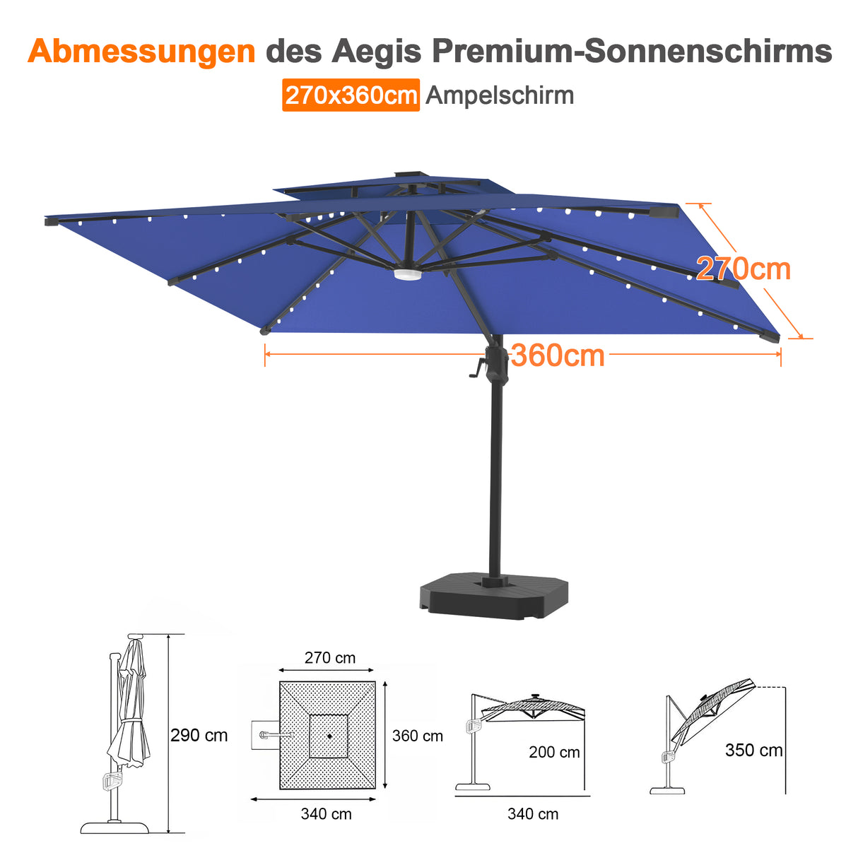 Patioslife Aegis Pro Ampelschirm mit LED-Beleuchtung – verstärkte, pulverbeschichtete Aluminiumkonstruktion für Garten und Terrasse