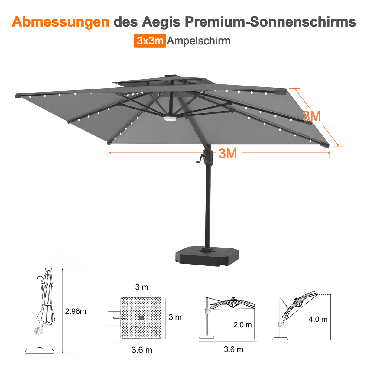 Patioslife Aegis Pro Ampelschirm mit LED-Beleuchtung – verstärkte, pulverbeschichtete Aluminiumkonstruktion für Garten und Terrasse