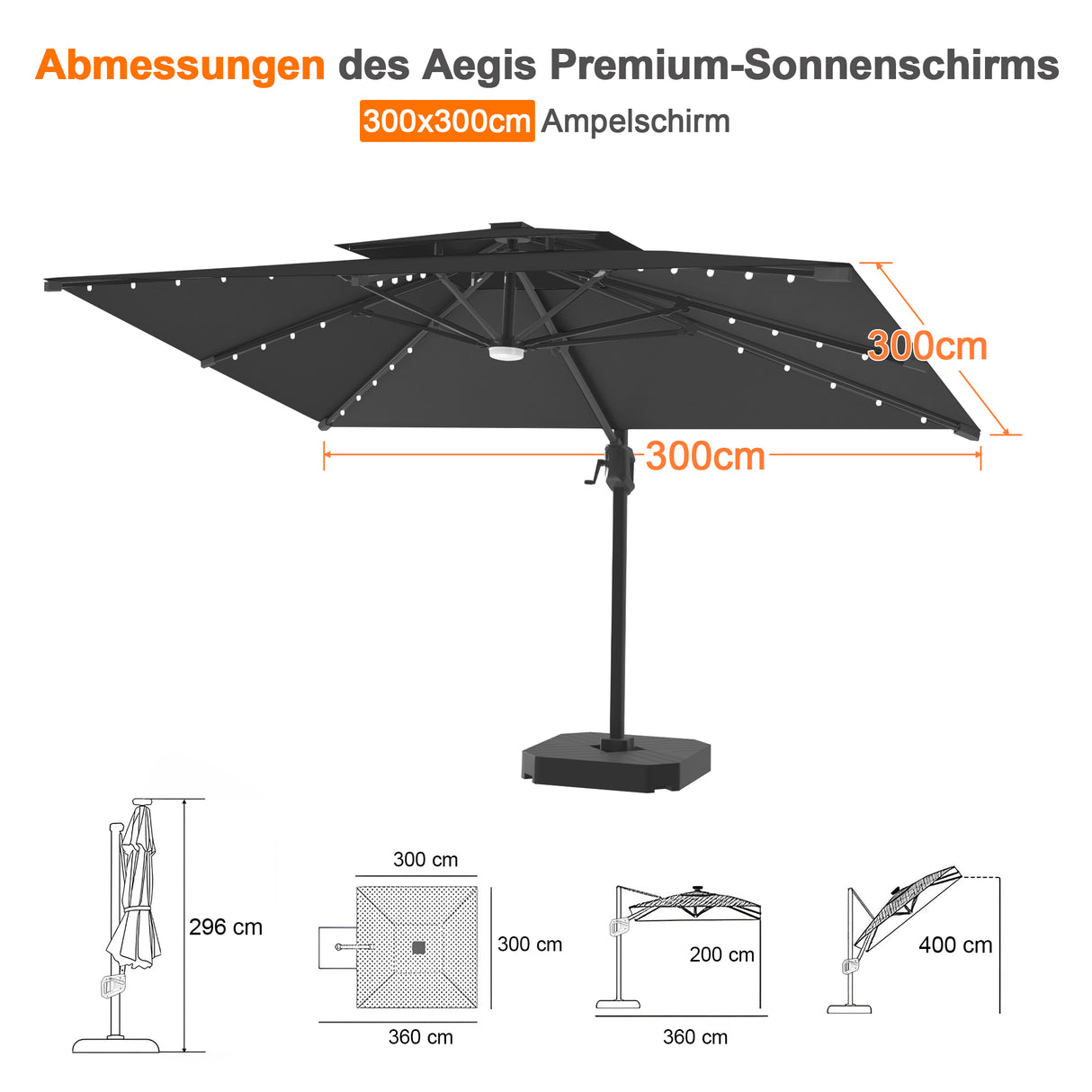 Patioslife Aegis Pro Ampelschirm mit LED-Beleuchtung – verstärkte, pulverbeschichtete Aluminiumkonstruktion für Garten und Terrasse