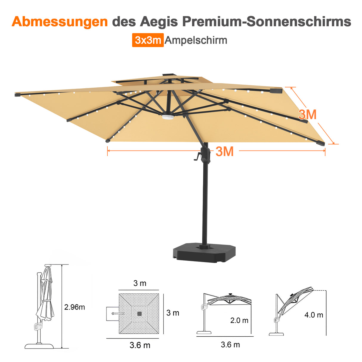 Patioslife Aegis Pro Ampelschirm mit LED-Beleuchtung – verstärkte, pulverbeschichtete Aluminiumkonstruktion für Garten und Terrasse