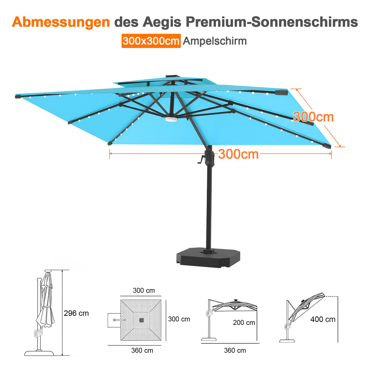 Patioslife Aegis Pro Ampelschirm mit LED-Beleuchtung – verstärkte, pulverbeschichtete Aluminiumkonstruktion für Garten und Terrasse