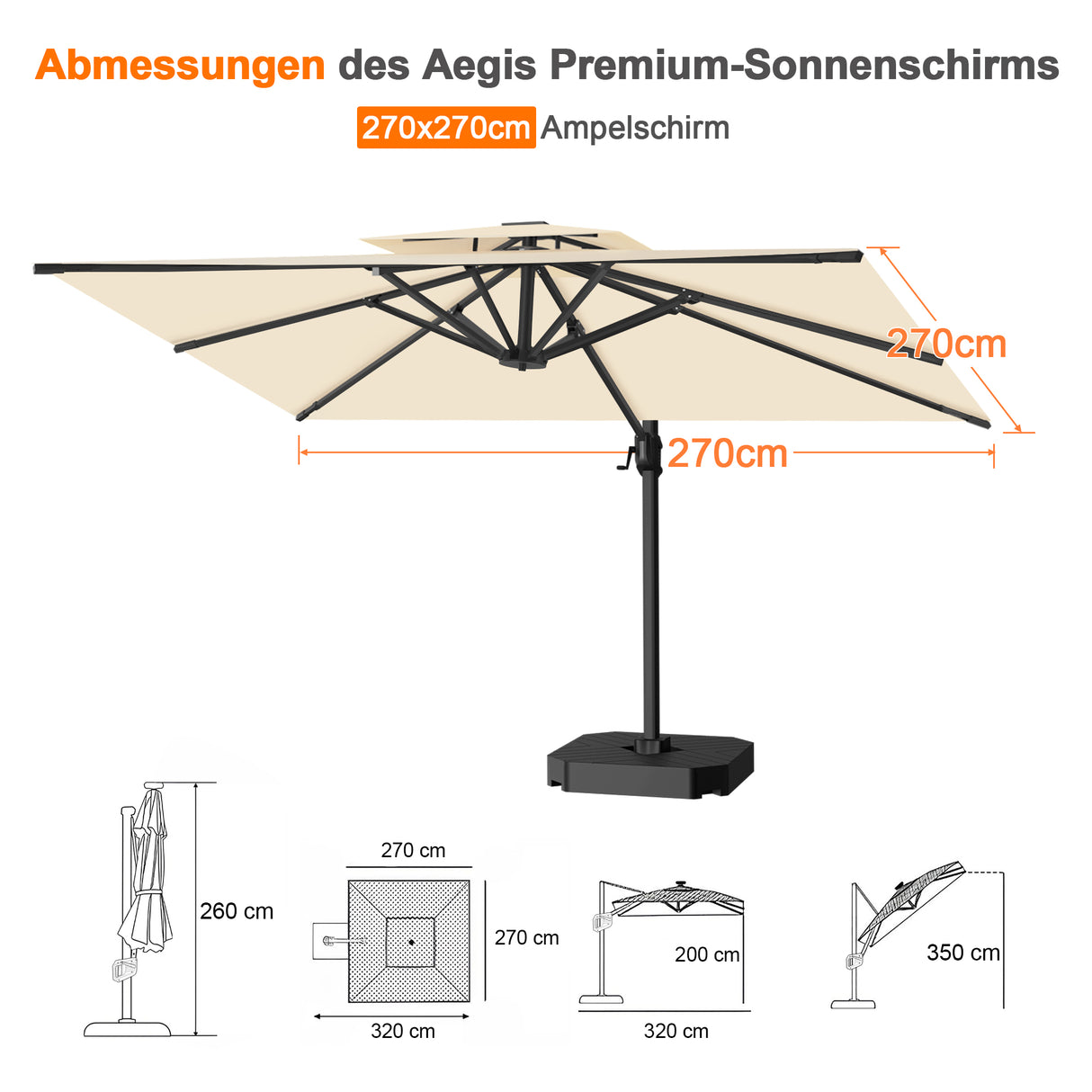 Patioslife Aegis Pro Ampelschirm -moderner Sonnenschirm mit Kreuzfuß und verstärktem Aluminiumgestell für Garten und Terrasse.
