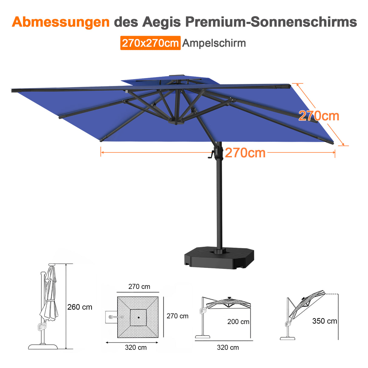 Patioslife Aegis Pro Ampelschirm -moderner Sonnenschirm mit Kreuzfuß und verstärktem